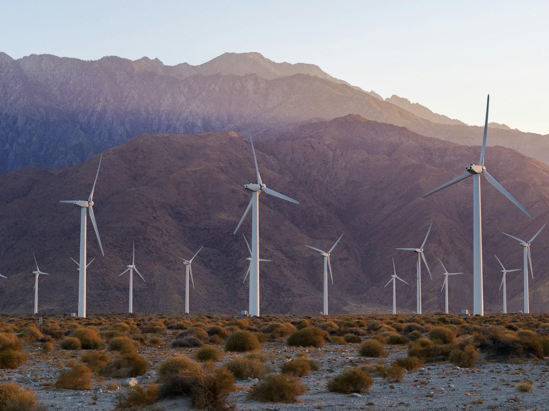 Palm Springs, California wind turbines with the San Jacinto mountains behind
