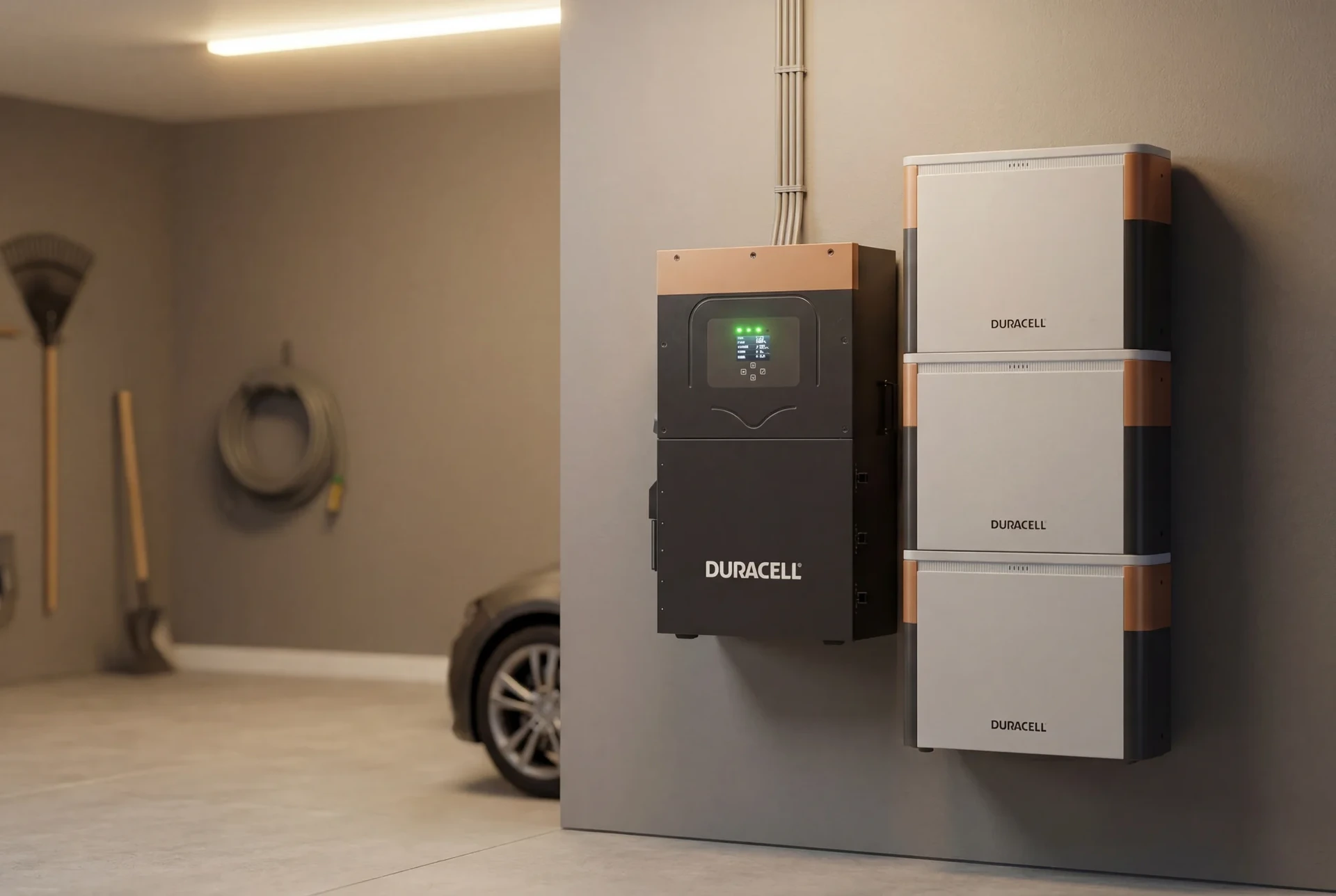 Duracell home battery and electric vehicle in residential garage, SOLRITE Energy