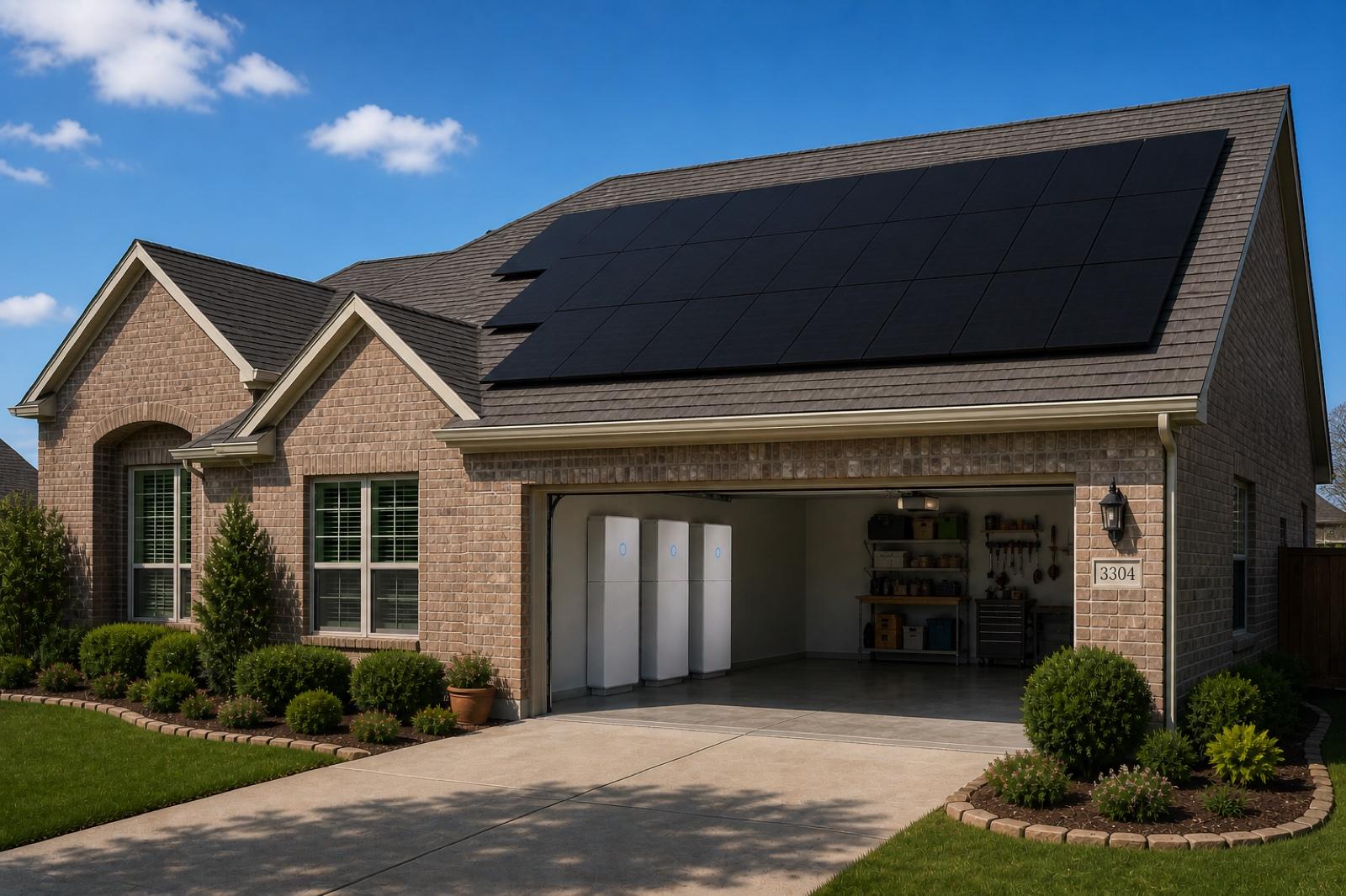 Texas brick ranch home with rooftop solar and three sonnen batteries in the garage, SOLRITE Energy Texas
