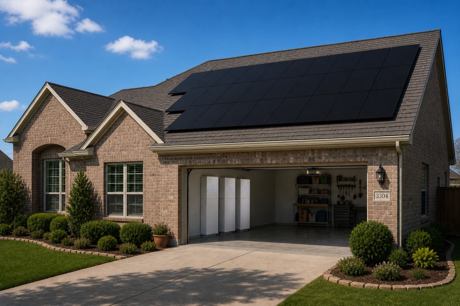 Texas brick ranch home with rooftop solar and three sonnen batteries in the garage, SOLRITE Energy Texas